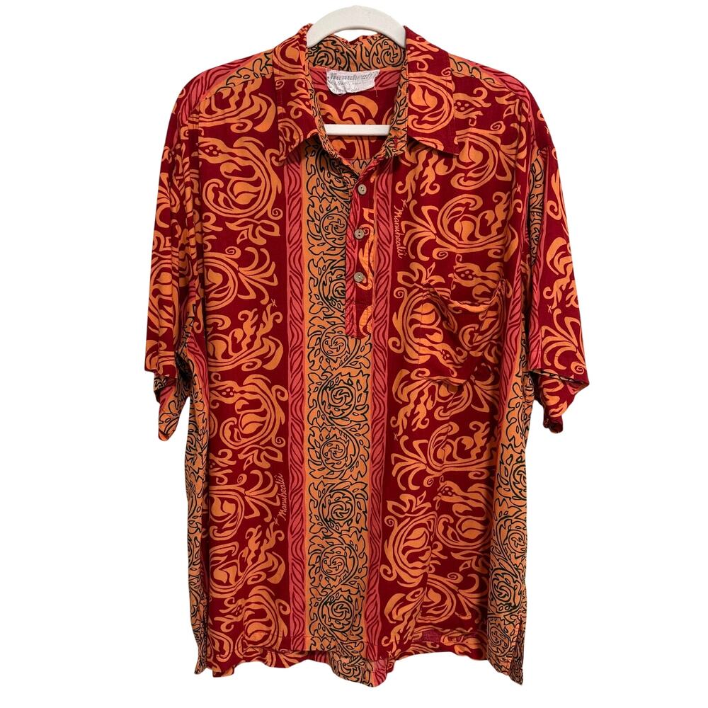 Vintage Manuhealii Men Hawaiian Aloha Shirt White Tag XL Red Orange Tribal Rayon